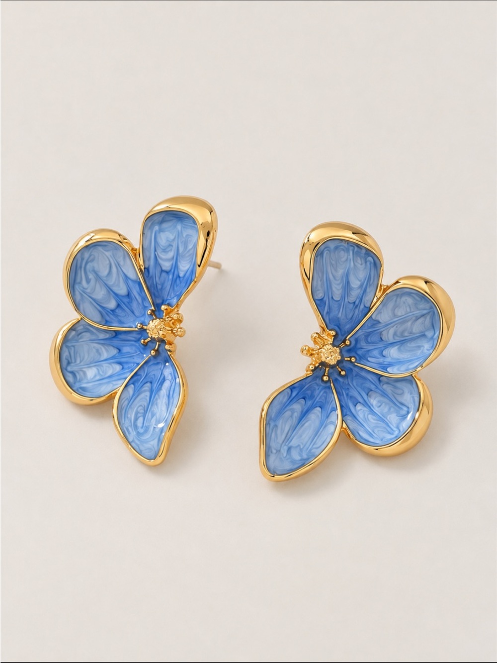New! Blue Hand Painted Flower Petal Statement Earrings NWOT